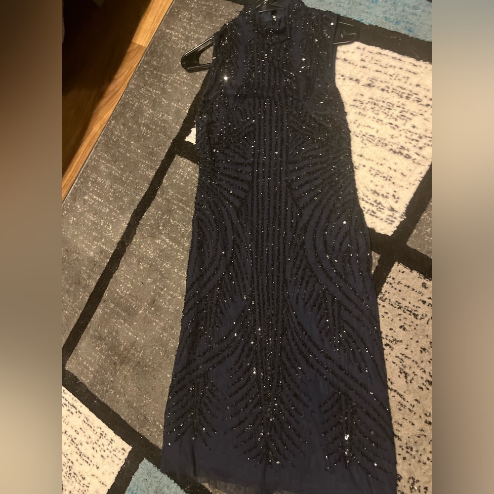 Adrianna Papell Navy Blue Sequin Highneck Short Dress